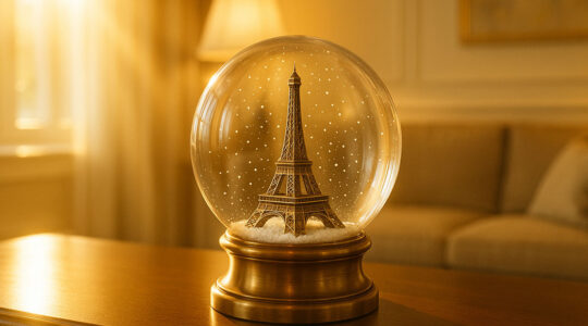 Photographie réaliste d’une boule à neige contenant une miniature de la Tour Eiffel, posée sur une table en bois dans un salon élégant, inondé de soleil chaud et doux