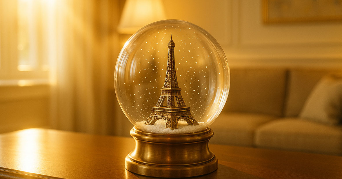 Photographie réaliste d’une boule à neige contenant une miniature de la Tour Eiffel, posée sur une table en bois dans un salon élégant, inondé de soleil chaud et doux